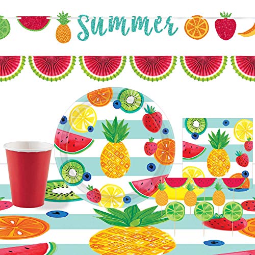 Amscan 9050 0388 - Partyset Hallo Sommer, 8 Teller, 8 Becher, 24 Spieße, 16 Servietten, Girlande, Wassermelonen-Fächergirlande, Tischdecke Amscan 9050 0388 - Partyset Hallo Sommer, 8 Teller, 8 Becher, 24 Spieße, 16 Servietten, Girlande, Wassermelonen-Fächergirlande, Tischdecke von amscan