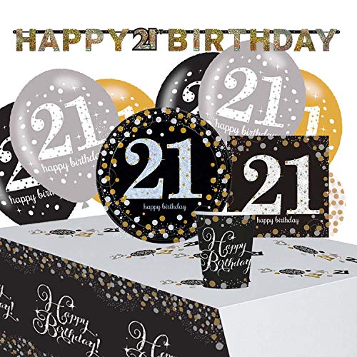 Amscan 9050 0399 - Partyset Goldene Glückwünsche 21, 8 Teller, 20 Servietten, 8 Becher, Tischdecke, Girlande, Konfetti, 6 Latexballons Amscan 9050 0399 - Partyset Goldene Glückwünsche 21, 8 Teller, 20 Servietten, 8 Becher, Tischdecke, Girlande, Konfetti, 6 Latexballons von amscan