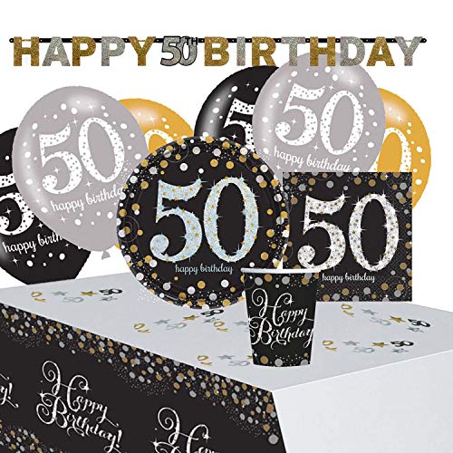 Amscan 9050 0402 - Partyset Goldene Glückwünsche 50, 8 Teller, 20 Servietten, 8 Becher, Tischdecke, Girlande, Konfetti, 6 Latexballons Amscan 9050 0402 - Partyset Goldene Glückwünsche 50, 8 Teller, 20 Servietten, 8 Becher, Tischdecke, Girlande, Konfetti, 6 Latexballons von amscan