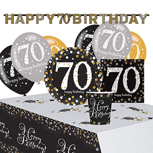 Amscan 9050 0404 - Partyset Goldene Glückwünsche 70, 8 Teller, 20 Servietten, 8 Becher, Tischdecke, Girlande, Konfetti, 6 Latexballons Amscan 9050 0404 - Partyset Goldene Glückwünsche 70, 8 Teller, 20 Servietten, 8 Becher, Tischdecke, Girlande, Konfetti, 6 Latexballons von amscan