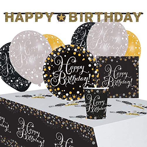 Amscan 9050 0406 - Partyset Goldene Glückwünsche Happy Birthday, 8 Teller, 20 Servietten, 8 Becher, Tischdecke, Girlande, Konfetti, 6 Latexballons von amscan