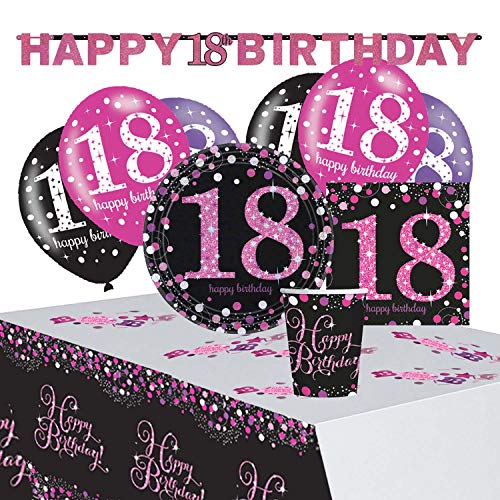 Amscan 9050 0407 - Partyset Pinke Glückwünsche 18, 8 Teller, 20 Servietten, 8 Becher, Tischdecke, Girlande, Konfetti, 6 Latexballons von amscan