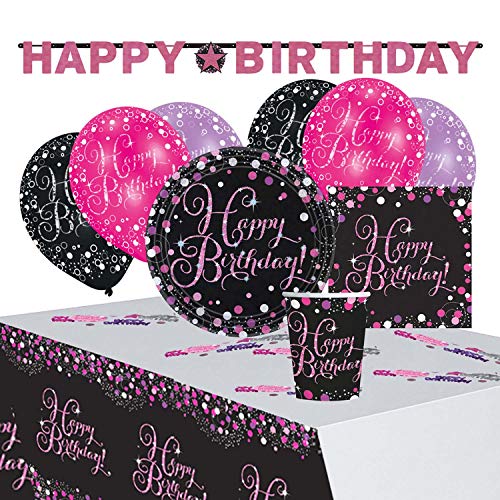 Amscan 9050 0415 - Partyset Pinke Glückwünsche Happy Birthday, 8 Teller, 20 Servietten, 8 Becher, Tischdecke, Girlande, Konfetti, 6 Latexballons von amscan