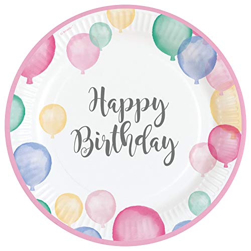 Amscan 9903708 - Teller Happy Birthday Pastel, 8 Stück, ca. 23 cm, Geburtstag, Papier, Einwegteller von amscan
