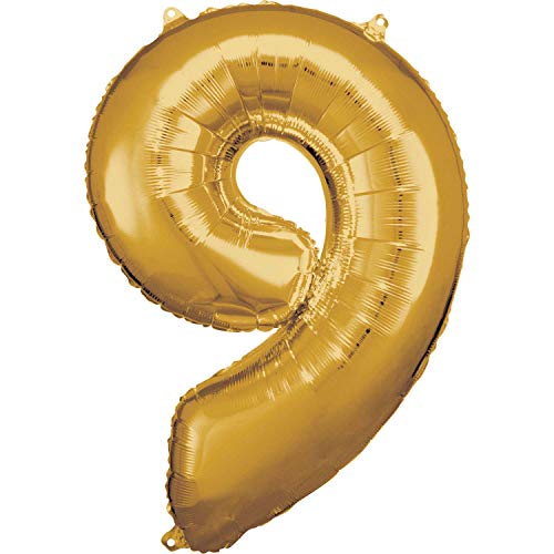 Amscan 9906274 - Riesen Folienballon Zahl 9, Größe 63 x 86 cm, Gold, XXL, Heliumballon, Geburtstag, Jubiläum, Partydekoration von amscan