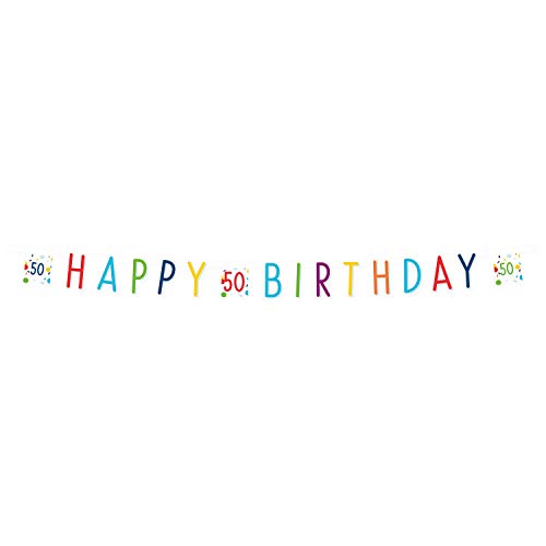 Amscan 9906770 - Partykette Konfetti Birthday 50, Größe 180 x 13,8 cm, weiß mit Konfetti, Schriftzug HAPPY BIRTHDAY und 3 x der Zahl 50, aus Papier, runder Geburtstag, Dekoration, Girlande von amscan
