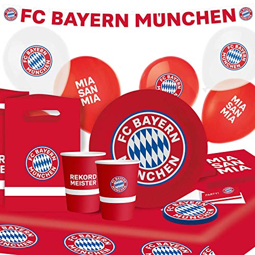 Amscan 9907650 - Partyset FC Bayern München, 8 Teller, 8 Becher, 20 Servietten, 12 Untersetzer, Papiertischdecke, 8 Beutel, Girlande, 6 Ballons von amscan