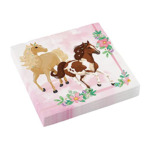 Amscan 9909876 - Papier-Servietten Pferd, 20 Stück, Größe 33 x 33 cm, Ponys und Blumen, Tisch-Dekoration, Kinder-Geburtstag, Motto-Party von amscan