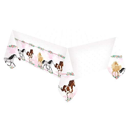 Amscan 9909877 - Plastik-Tischdecke Pferd, Größe 120 x 180 cm, weiß mit Pony-Bordüre, Tisch-Dekoration, Kinder-Geburtstag, Motto-Party von amscan