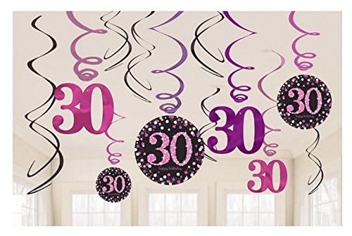 Dekoration zum 30.Geburtstag Swirl-Set 12 Stück Folienspiralen zum Aufhängen pink rosa glitter von amscan