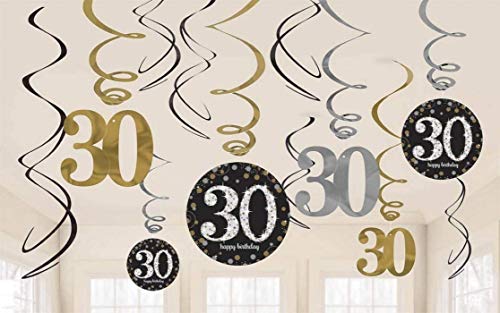 Sparkling Celebration "30" Folien-Wirbel-Dekorationen, Geburtstag, 12 Stück von amscan