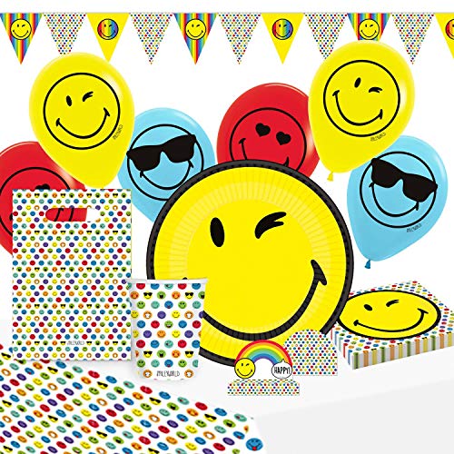 Amscan 9907562 - Partyset Smiley World, 8 Teller, 8 Becher, 16 Servietten, Tischdecke, 8 Papiertüten, 8 Einladungsets, Girlande, 6 Latexballons von amscan