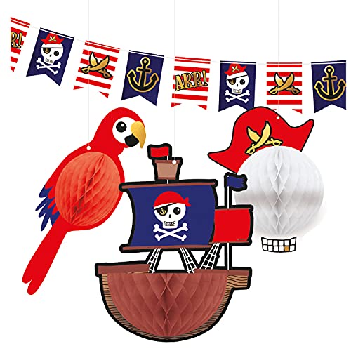 Amscan 9909918 - 4-teiliges Deko-Set Pirat, 1 Flaggen-Banner und 3 Wabendekorationen, Hänge-Dekoration aus Papier, Girlande, Kinder-Geburtstag, Motto-Party von amscan