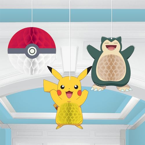 amscan 9917119 Offiziell lizenzierte Pokémon-Kindergeburtstagsparty-Pokeball-Pikachu-Hänge-Wabendekorationen – 3 Stück, Mehrfarbig von amscan