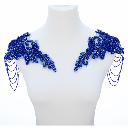 Blaue Strass-Applikation mit Perlen, Verzierung für Kleidung, Schulterklappen, Schulter-Patches, zum Aufnähen, Diamant-Paillettenapplikation für Hochzeitskleid, DIY-Zubehör von amusediy