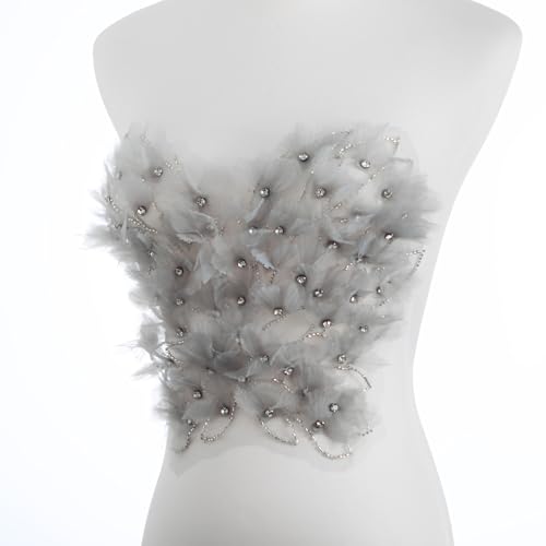 Grauer Schmetterlingsstoff, Strass, Perlen, Spitzenapplikation, 3D-bestickter Blumenstoff für Weste, Kleid, handgefertigtes Nähwerkzeug für Taschen, Bastelarbeiten von amusediy