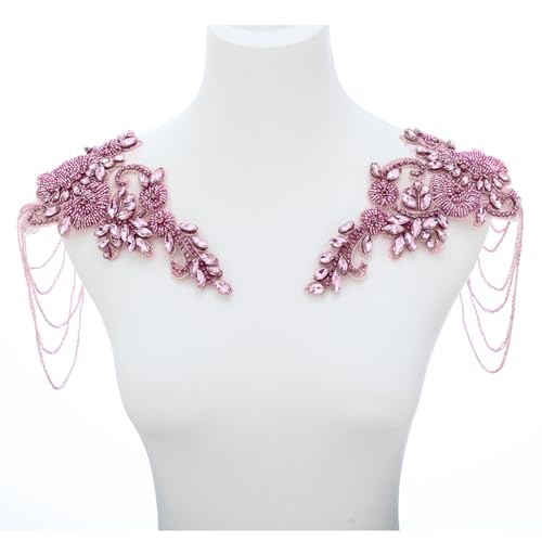 Rosa Paar Perlen Strass Applikation Verzierung für Kleidung, Schulterklappen Schulter-Patches zum Aufnähen, Diamant-Pailletten-Applikation für Hochzeitskleid, DIY-Zubehör von amusediy