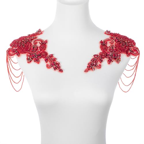 Rote Strass-Applikation mit Perlen, Verzierung für Kleidung, Schulterklappen, Schulter-Patches, zum Aufnähen, Diamant-Paillettenapplikation für Hochzeitskleid, DIY-Zubehör von amusediy