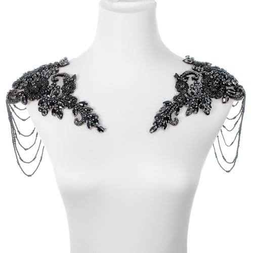 Schwarze Strass-Applikation mit Perlen, Verzierung für Kleidung, Schulterklappen, Schulter-Patches, zum Aufnähen, Diamant-Paillettenapplikation für Hochzeitskleid, DIY-Zubehör von amusediy