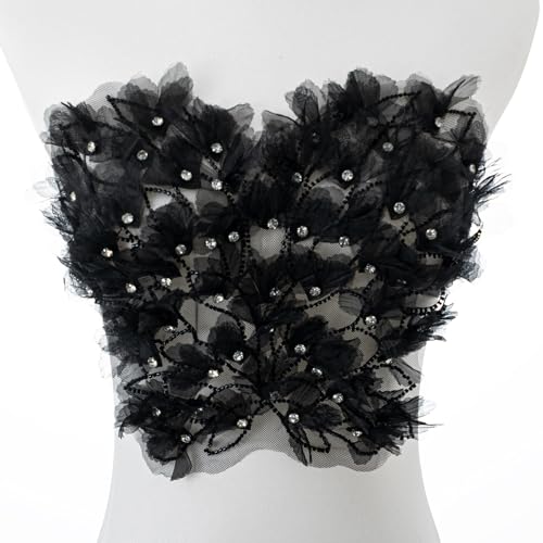 Schwarzer Schmetterlingsstoff, Strass, Perlen, Spitzenapplikation, 3D-bestickter Blumenstoff für Weste, Kleid, handgefertigtes Nähwerkzeug für Taschen, Bastelarbeiten von amusediy
