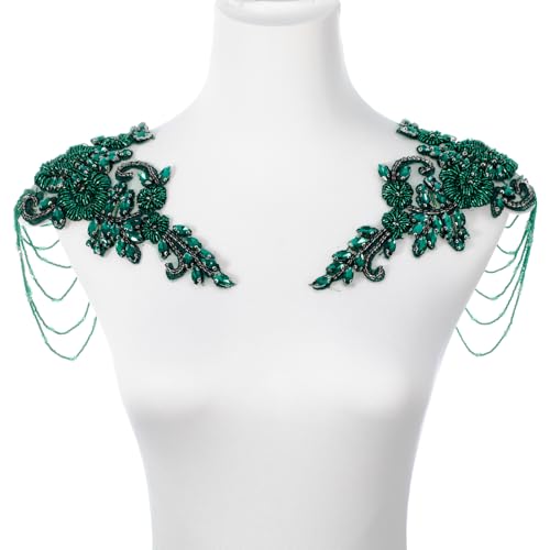 Strass-Applikation für Kleidung, Schulterklappen, Schulter-Patches, zum Aufnähen, Diamant-Paillettenapplikation für Hochzeitskleid, DIY-Zubehör, Grün, Paar von amusediy
