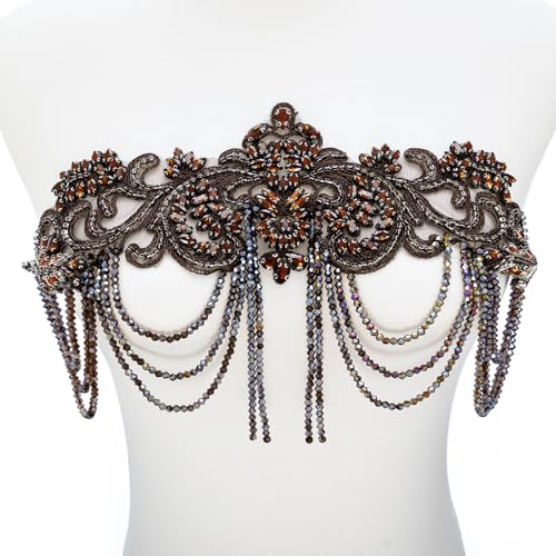 amusediy Strass-Applikation mit braunen Perlen, Verzierung für Kleidung, Schulterklappen, Schulteraufnäher, Diamant-Pailletten-Applikation für Hochzeitskleid, DIY-Zubehör, Gürtel, Taillendekoration von amusediy