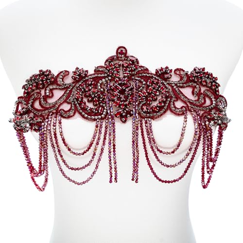 amusediy Weinrote Strass-Applikation für Kleidung, Schulterklappen, Schulteraufnäher, Diamant-Pailletten-Applikation für Hochzeitskleid, DIY-Zubehör, Gürtel, Taillendekoration von amusediy