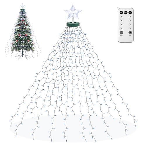 Weihnachtsbaum Lichterkette mit Sterne, 410 LEDs Weihnachtsbeleuchtung Weihnachten Lichternetz mit Fernbedienung 2m Tannenbaum Licht mit Ring für Innen & Außen Kaltesweiß von aneeway