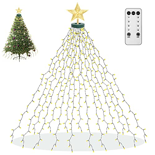 aneeway 400 LEDs Lichterkette Weihnachtsbaum mit Sterne Weihnachtsbeleuchtung Weihnachten Lichternetz mit Fernbedienung 2m Tannenbaum Licht Weihnacht Christbaum mit Ring für Innen & Außen Warmweiss von aneeway