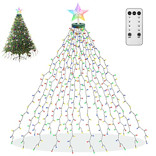 aneeway Christbaumbeleuchtung mit ring Mehrfarbig Baummantel Lichterkette, 410LED Weihnachtsbaum Lichterkette mit Timerfunktion, Weihnachtsbeleuchtung mit 8 Leuchtmodi für Partys, Weihnachten von aneeway