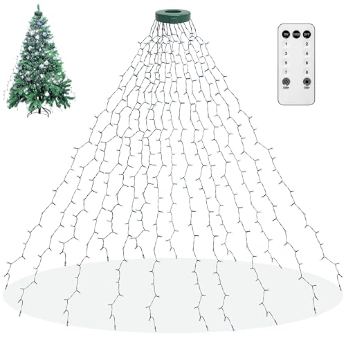 aneeway Weihnachtsbaum Lichterkette mit Ring Christbaumbeleuchtung 8 Modi Weihnachtsbaum-Überwurf-Lichterkette mit 16 Girlanden 400LED Baummantel Weihnachten 2m Tannenbaum Lichter KaltesWeiß von aneeway