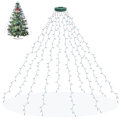aneeway Weihnachtsbaum Lichterketten 200LED Lichterkette mit 8 Leuchtmodi, 150cm Christbaumbeleuchtung mit Ring 10 Stränge Weihnachtsbeleuchtung, für 1m - 2m Baum von aneeway
