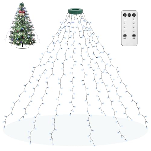 aneeway Weihnachtsbaum Lichterketten 200LED Lichterkette mit 8 Leuchtmodi, 150cm Christbaumbeleuchtung mit Ring 10 Stränge Weihnachtsbeleuchtung, für 1m - 2m Baum von aneeway