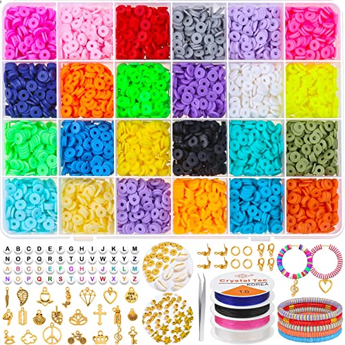 anezus 5700 Stück Clay Perlen, 24 Farben Flach Perlen mit Buchstabenperlen Goldene Perlen, 6mm Heishi Clay Perlen Basteln für DIY Schmuck Armbänder Halskette Bausatz von anezus