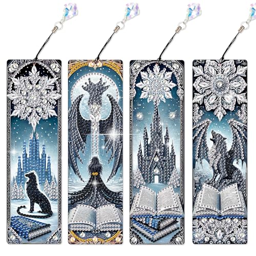4 Pack Diamond Painting Lesezeichen Kit für Erwachsene - Gothic Fantasy Design mit Schneeflocken, Büchern, Flügeln, Schloss & geflügeltem Wolf - DIY Halloween Themed Diamond Art Craft Geschenkset 4 Pack Diamond Painting Lesezeichen Kit für Erwachsene - Gothic Fantasy Design mit Schneeflocken, Büchern, Flügeln, Schloss & geflügeltem Wolf - DIY Halloween Themed Diamond Art Craft Geschenkset von antor