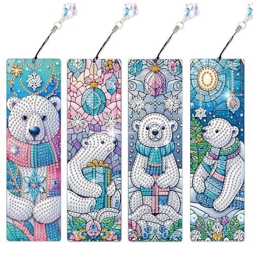 4 Pack Eisbär Diamant Malerei Lesezeichen Kit - DIY Winter Tier Diamant Kunst für Erwachsene, arktischer weißer Bär Design mit Quasten, einzigartiges handgemachtes Geschenk und Handwerk Aktivität von antor