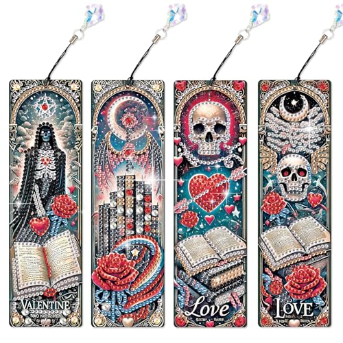 4 Pack Gothic Diamond Painting Lesezeichen Kit - Totenkopf und Rose Love Design, DIY Funkelnde Kristallkunst Lesezeichen für Erwachsene, Valentinstag und Halloween Geschenk Bastelset 4 Pack Gothic Diamond Painting Lesezeichen Kit - Totenkopf und Rose Love Design, DIY Funkelnde Kristallkunst Lesezeichen für Erwachsene, Valentinstag und Halloween Geschenk Bastelset von antor