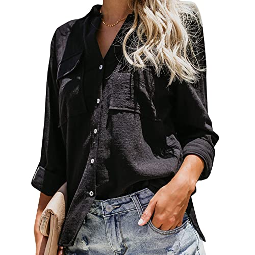 Frauen Ärmelnbluse Reine Farbe Verschluss Drehen Kragen Gegen Nackenhemd mit Taschen G L Irt mit Taschen G L Lock Blouseturn Down Kragendown (L) von aqxreight