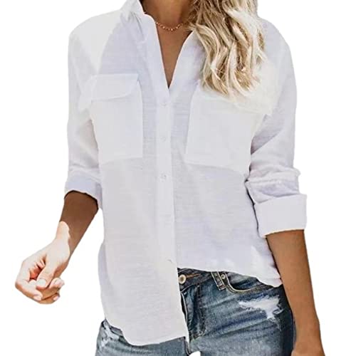Frauen Ärmelnbluse Reine Farbe Verschluss Drehen Kragen Gegen Nackenhemd mit Taschen G L Irt mit Taschen G L Lock Blouseturn Down Kragendown (L) von aqxreight