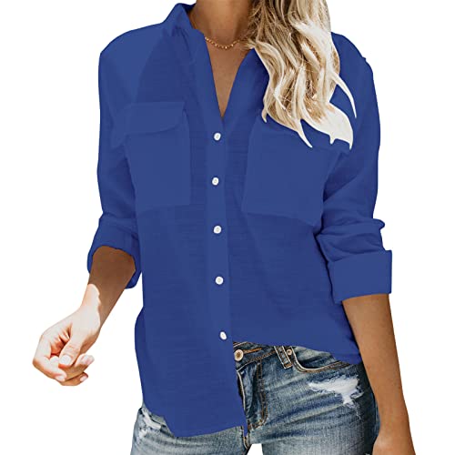 Frauen Ärmelnbluse Reine Farbe Verschluss Drehen Kragen Gegen Nackenhemd mit Taschen G L Irt mit Taschen G L Lock Blouseturn Down Kragendown (S) von aqxreight