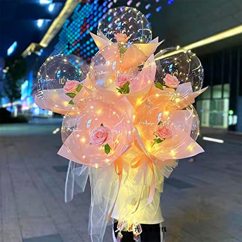 aqxreight Luminöser Ballon Rosenstrauß Transparentes Bouquet Valentinstag Geschenke mit Gaze Pappplattzuhl (PINK) von aqxreight