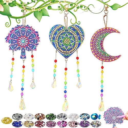 Diamond Painting Sonnenfänger Windspiel Bastelset Kinder, DIY 5D Diamond Painting Anhänger, 3 stück Doppelseitiges Diamond Painting Set Basteln für Mädchen Geschenke (Baum+Halbmond+Herz) von ariel-gxr