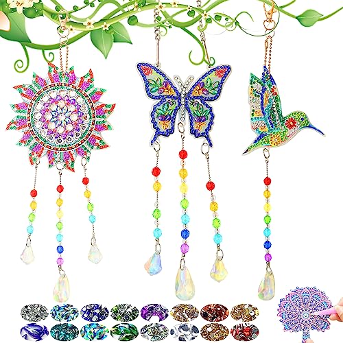 Diamond Painting Sonnenfänger Windspiel Bastelset Kinder, DIY 5D Diamond Painting Anhänger, 3 stück Doppelseitiges Diamond Painting Set Basteln für Mädchen Geschenke (Schmetterling+Vogel+Sonne) von ariel-gxr