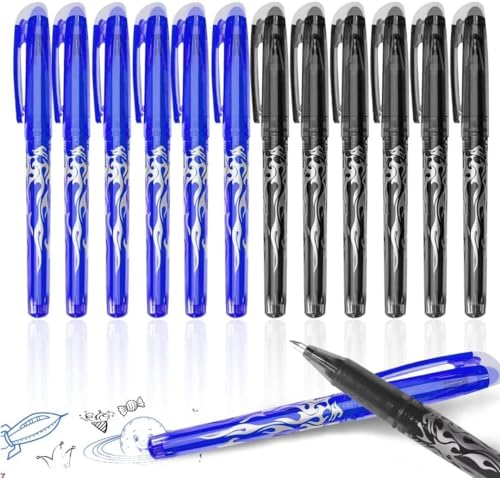 Radierbarer Kugelschreiber, 12Stück Blau Radiergummi Stift, 0.5mm Nachfüllbarer Radierstift, Tintenroller Radierbar, Gelschreiber Radierbar, Friction Stifte, Gelstifte Set für (12 blau + schwarz) von ariel-gxr