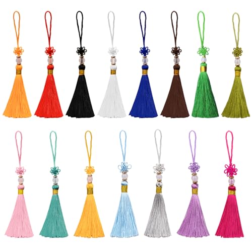 15 Stück Mini Quasten, 15 Farben Handgefertigtes Quasten mit Perlen Chinesischen Knoten für Schmuckherstellung, Souvenir, Lesezeichen, DIY Handwerk Zubehör von arrderly