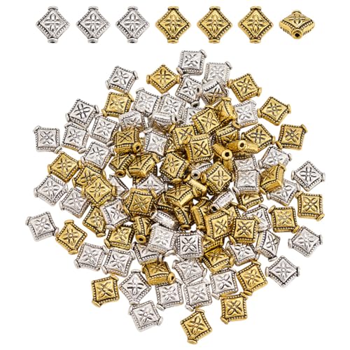 arricraft, 100 Stück Quadratische Perlen Im Tibetischen Stil., 2 Farbe, 9 mm, Würfelperlen Aus Legierung Mit Blumenstruktur, Vintage-Rhombus-Abstandshalterperlen, Lose Metallperlen von arricraft