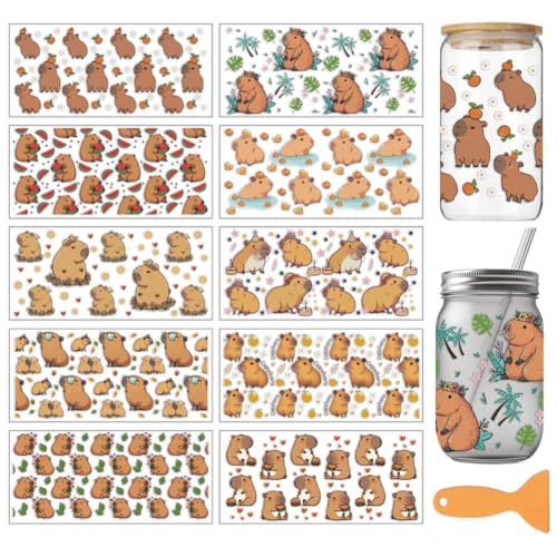 arricraft 10 Blätter Capybara UV DTF Cup Wrap für 16OZ Glas, Wassermelone Burger Orange Geburtstagskuchen PVC Transfer Aufkleber für DIY Tassen Holz Funiture 9.4x4.3inch von arricraft