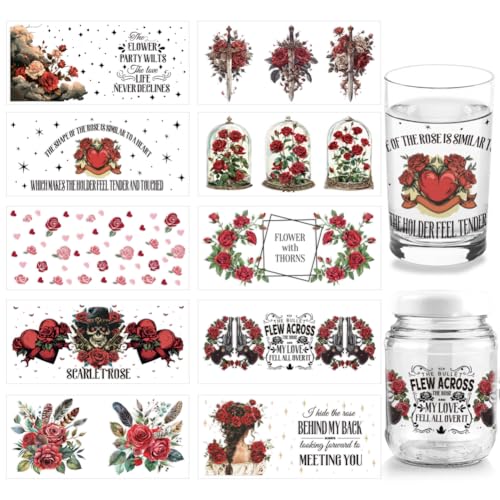 arricraft 10 Blatt „Rose Love“ UV DTF Becherfolie Für 16 Unzen Gläser Red June Roses Pistolenschwert Abziehbilder Zum Aufreiben „The Love Life Never Declines“ Transferaufkleber von arricraft