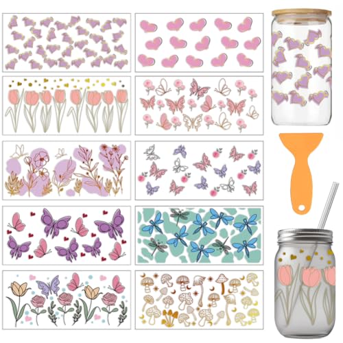 arricraft 10 Blatt Bunte UV DTF Becherfolie Für 16OZ Glas Schmetterling Rose Wildblume Herz Rub On Decals PVC Transfer Aufkleber Für DIY Tassen Holz Möbel 24x11cm/9.4x4.3inch arricraft 10 Blatt Bunte UV DTF Becherfolie Für 16OZ Glas Schmetterling Rose Wildblume Herz Rub On Decals PVC Transfer Aufkleber Für DIY Tassen Holz Möbel 24x11cm/9.4x4.3inch von arricraft