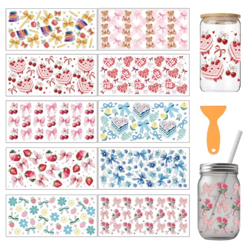 arricraft 10 Blatt Entzückende Cartoon Schleife UV DTF Cup Wrap Fliege Kirschkuchen Kleiner Bär Herz Blumenmuster Abziehbilder PVC Transfer Glasaufkleber Für Frauen DIY (284) ml Tassen Möbel Holz von arricraft